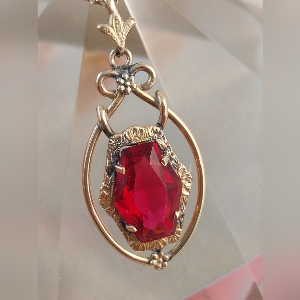 Gold Filled and Red Pendant Necklace - Picture 10 of 15